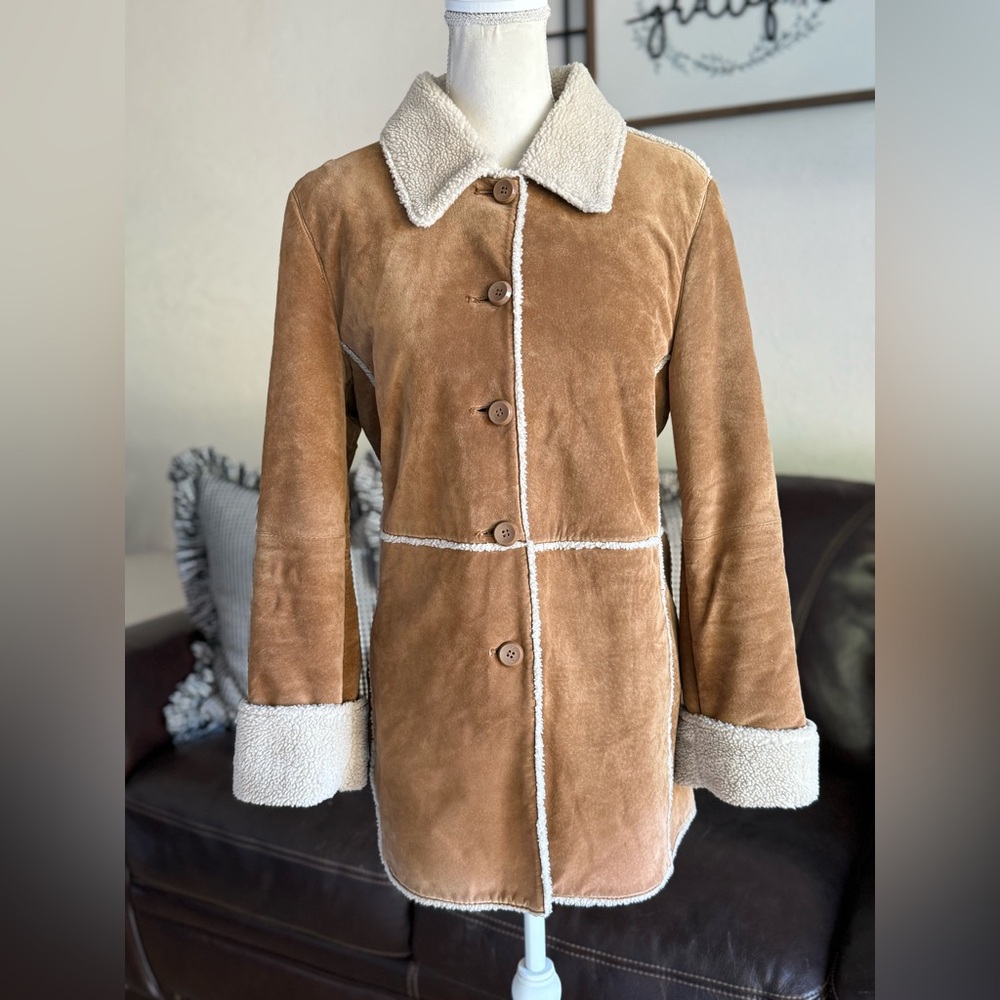 Vintage St Johns Bay Genuine Leather Suede Coat Sherpa Lining Washable Size M